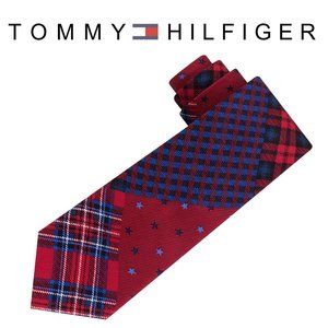NWT TOMMY HILFIGER Men’s Silk Red White and Blue Multi Pattern Silk Tie